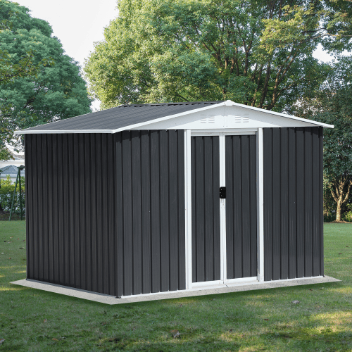 Outdoor Storage Garden Bike Shed 8x6 Feet Apex Roof Dark Grey With Aluminum Alloy Frame And Sliding Door Outdoor Storage Garden Bike Shed 8x6 Feet Apex Roof Dark Grey With Aluminum Alloy Frame And Sliding Door