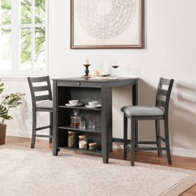 30" Modern Dining Table Set for 2 with Charging Station & 3-Tier Adjustable Storage | Space-Saving Kitchen Set with Upholstered Chairs for Small (Main Material: Solid Wood+MDF, Main Color: Gray)