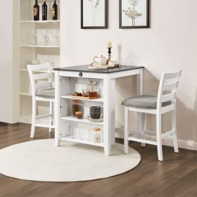30" Modern Dining Table Set for 2 with Charging Station & 3-Tier Adjustable Storage | Space-Saving Kitchen Set with Upholstered Chairs for Small (Main Material: Solid Wood+MDF, Main Color: Off White)