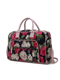 MKF Collection Jayla Quilted Cotton Botanical Pattern Women Duffle Bag by Mia k (Material: Vegan Leather, Color: Navy Blue)