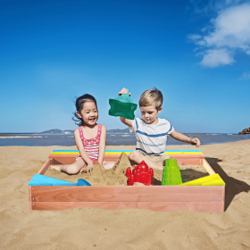 Children's Wooden Sandbox, Sandpit ,Kids Wood Playset Outdoor Backyard ,47.25"L x47.25"W x 7.87"H,Golden Red (Color: as Pic)